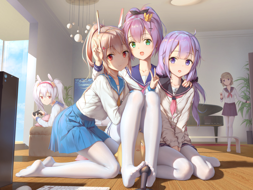 5girls :d :o ahoge alternate_costume anchor_print animal ayanami_(azur_lane) azur_lane bird black_ribbon black_sailor_collar blue_sailor_collar blue_skirt blue_sky brown_hair buttons chick collarbone commentary_request computer couch day feet grand_piano green_eyes hair_ornament hair_ribbon hair_scrunchie hand_on_another's_shoulder hand_up headgear highres holding indoors instrument javelin_(azur_lane) keyboard_(computer) kneeling knees_up laffey_(azur_lane) long_hair long_sleeves looking_at_viewer low_twintails manjuu_(azur_lane) microphone miniskirt multiple_girls neckerchief no_shoes on_couch open_mouth pantyhose piano pink_neckwear plant playstation_controller pleated_skirt ponytail potted_plant purple_eyes purple_hair red_eyes red_neckwear ribbon sailor_collar school_uniform scrunchie serafuku shadow shirt short_hair sidelocks silver_hair sitting skirt sky smile standing sunlight television toes tokinohimitsu twintails unicorn_(azur_lane) v v_arms wariza white_cardigan white_legwear white_shirt window yellow_neckwear z23_(azur_lane)