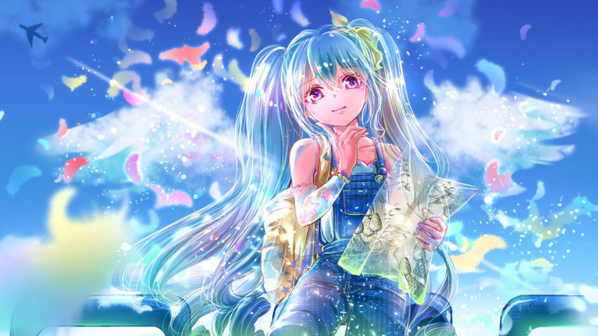 1girl blue_hair blue_sky cloud collarbone day eyebrows_visible_through_hair floating_hair hair_between_eyes hatsune_miku head_tilt holding holding_map index_finger_raised long_hair looking_at_viewer map outdoors overalls purple_eyes shigemu_room sitting sky smile solo twintails very_long_hair vocaloid wings