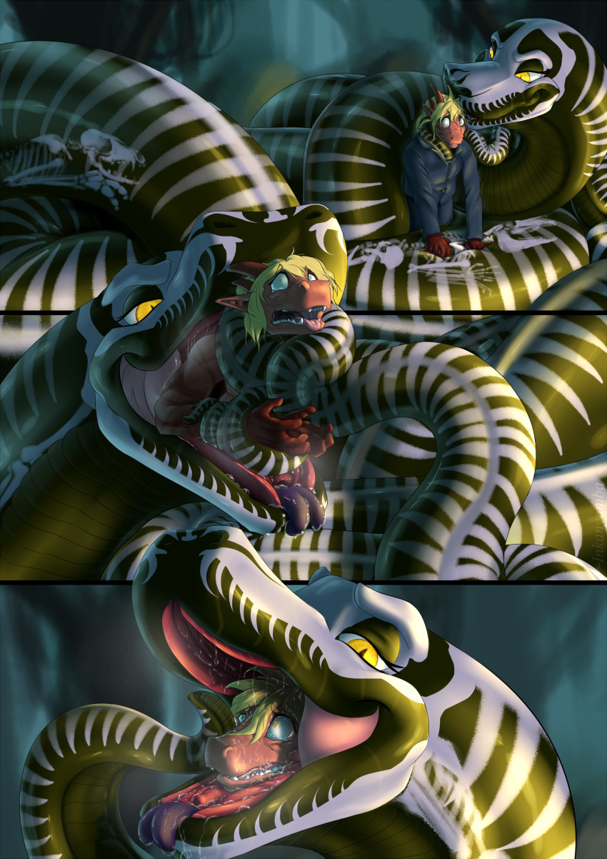 2019 absurd_res ambiguous_gender anaconda anthro boa_(snake) clothed clothing coiling digital_media_(artwork) eyelashes feral hair hi_res inkanyamba inkanyamba_(artist) larger_feral open_mouth oral_vore reptile scalie scared size_difference smaller_anthro snake story story_in_description tongue tongue_out vore x-ray yellow_eyes