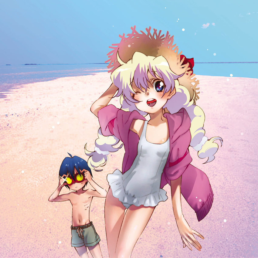 1girl beach blush casual_one-piece_swimsuit day frilled_swimsuit frills goggles hand_on_headwear hat highres hood hoodie jacket male_swimwear multicolored_hair nia_teppelin ocean one-piece_swimsuit one_eye_closed simon sleeves_rolled_up smile straw_hat sun_hat swim_trunks swimsuit swimwear tengen_toppa_gurren_lagann twintails yukimitsuki