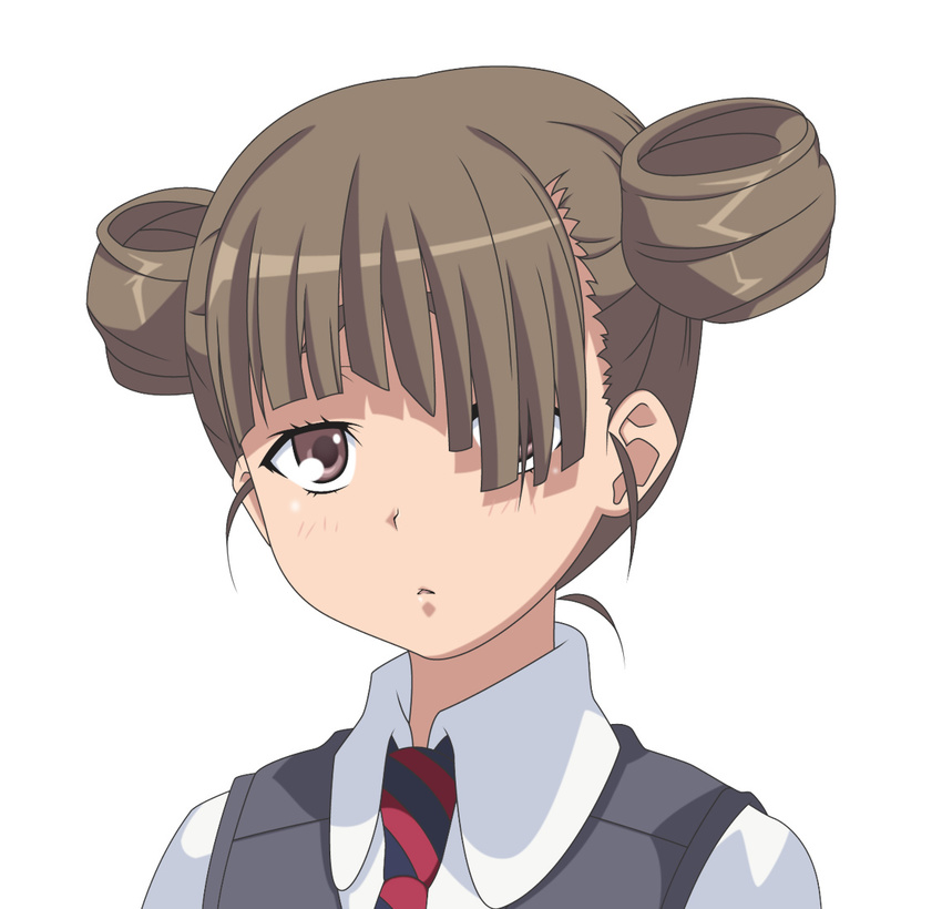 asymmetrical_hair brown_eyes brown_hair double_bun face hair_over_one_eye juufuku_miho necktie school_uniform smile_(rz) solo to_aru_kagaku_no_railgun to_aru_majutsu_no_index