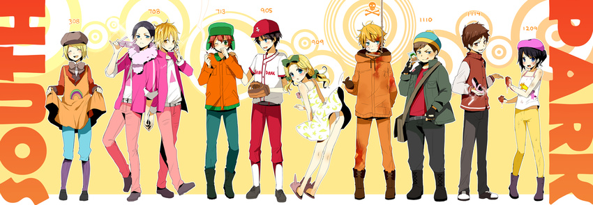 6+boys :q ^_^ alternate_costume angry apron bag baseball_cap baseball_mitt baseball_uniform beanie belt beret black_hair blonde_hair blood blue_eyes blush boots bow brown_eyes brown_hair cabbie_hat camisole cigarette clenched_hands closed_eyes clothes_writing clyde_donovan coat copyright_name craig_tucker crossdressing dress dress_flip dress_lift episode_number eric_cartman fingerless_gloves gloves green_eyes hair_bow hand_on_shoulder hanged hat highres injury jacket kenny_mccormick kurot kyle_broflovski leopold_stotch long_image marjorine multiple_boys open_mouth otoko_no_ko pants pantyhose phillip_pirrup photo_(object) ponytail rainbow red_hair shoes short_hair shoulder_bag slippers smile smoking south_park sparkle sportswear stan_marsh standing tongue tongue_out tweek_tweak twintails wendy_testaburger wide_image wince yellow_eyes yellow_legwear