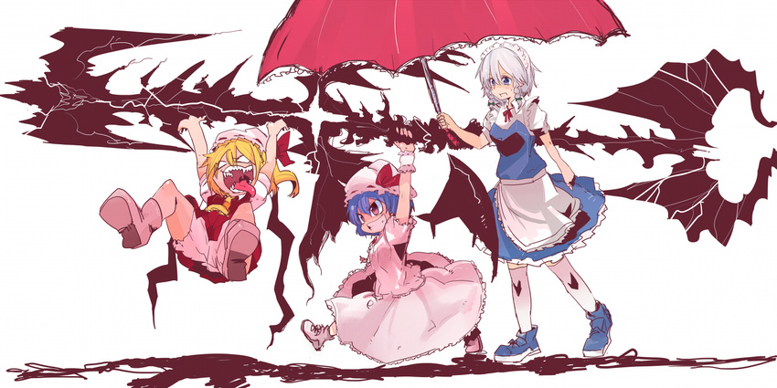 bad_id bad_pixiv_id bat_wings blonde_hair blue_eyes blue_hair flandre_scarlet hibimegane izayoi_sakuya multiple_girls red_eyes remilia_scarlet short_hair side_ponytail touhou umbrella white_hair wings