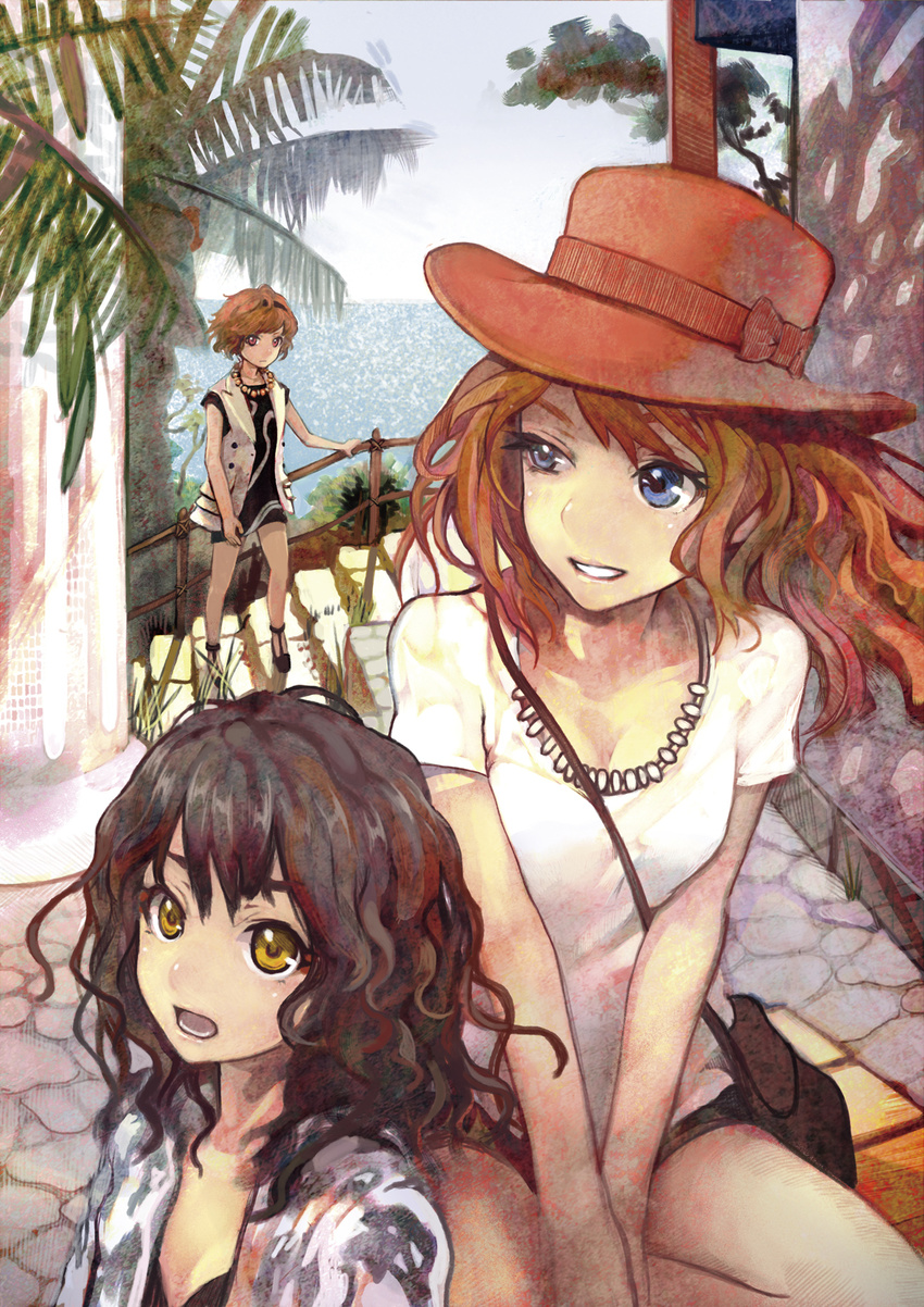 black_hair blue_eyes brown_hair curly_hair dress hat highres jewelry long_hair madokan_suzuki multiple_girls necklace original pixiv_festa red_eyes vest water wavy_hair yellow_eyes