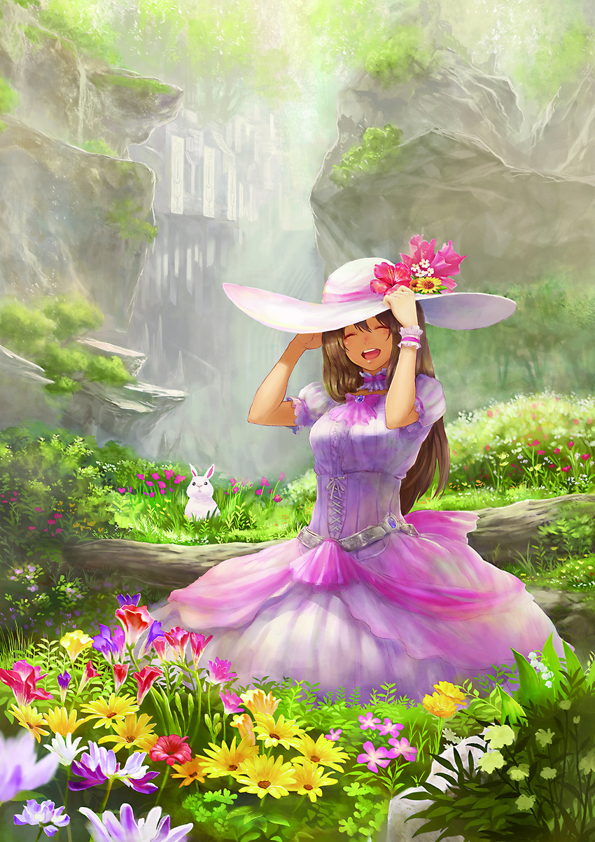 absurdres arm_garter belt brown_hair building bunny closed_eyes day dress field flower gown guchico happy hat hibiscus highres long_hair meadow original outdoors pink_dress pixiv_festa smile solo sun_hat