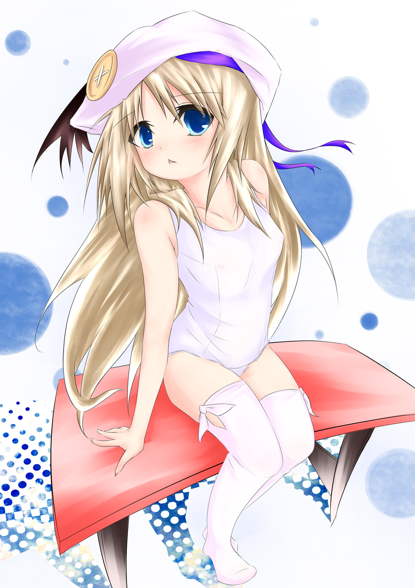 absurdres amano_sumi bad_id bad_pixiv_id bench blonde_hair blue_eyes cape fisheye highres little_busters! long_hair noumi_kudryavka one-piece_swimsuit perspective school_swimsuit solo swimsuit thighhighs white_school_swimsuit white_swimsuit