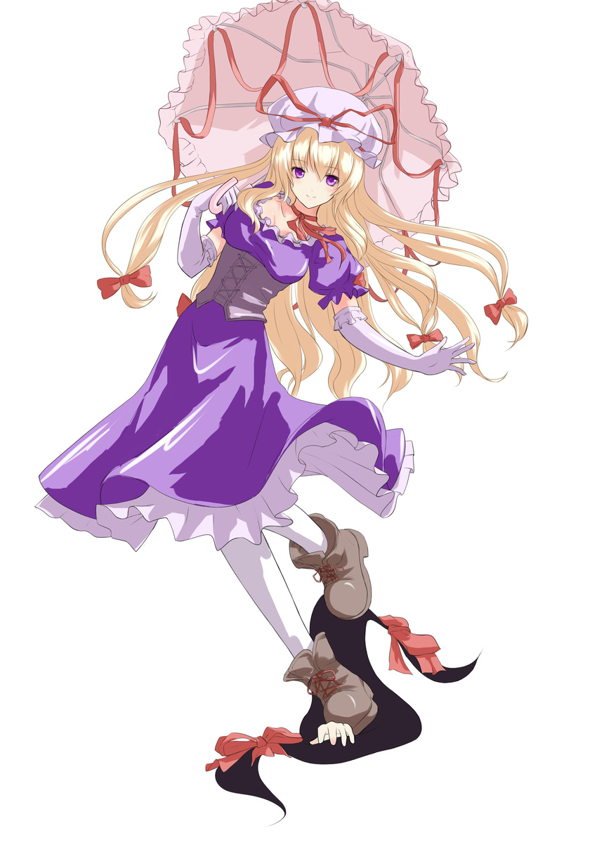 absurdres bad_id bad_pixiv_id blonde_hair boots bow choker corset dress elbow_gloves gap gloves hair_bow hands hat highres long_hair pantyhose parasol purple_eyes ribbon ribbon_choker sam_ashton smile solo thighhighs touhou umbrella when_you_see_it white_gloves white_legwear yakumo_yukari