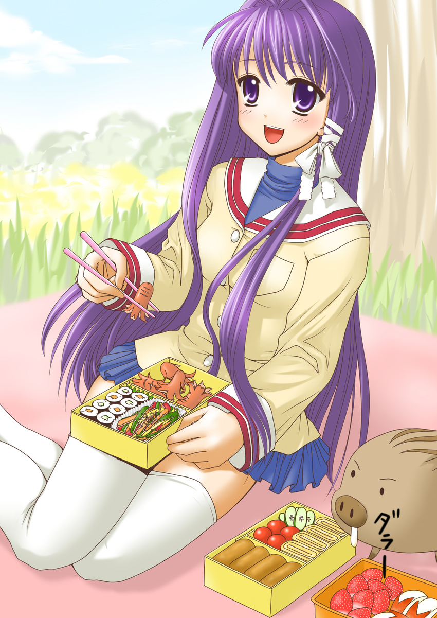 absurdres botan_(clannad) clannad fujibayashi_kyou highres hikarizaka_private_high_school_uniform long_hair obentou purple_eyes purple_hair school_uniform solo thighhighs yuuki-nyan