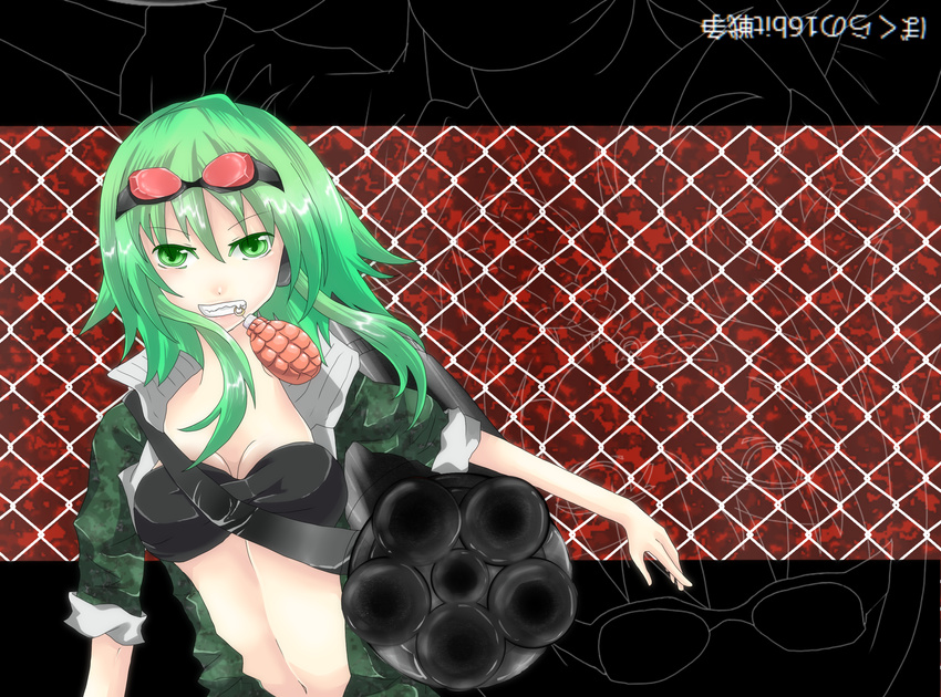 bad_id bad_pixiv_id black-world bokura_no_16bit_warz_(vocaloid) breasts camouflage cleavage explosive fang gatling_gun goggles goggles_on_head green_eyes green_hair grenade grin gumi gun highres huge_weapon medium_breasts midriff mouth_hold navel open_clothes open_shirt shirt short_hair sleeves_rolled_up smile solo vocaloid weapon