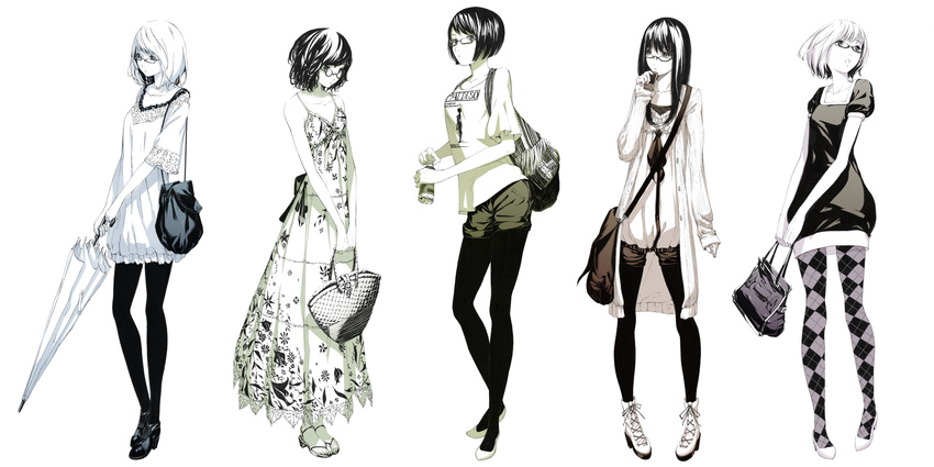 ankle_boots argyle argyle_legwear bag bob_cut boots bottle cardigan casual closed_umbrella dress fashion flats glasses greyscale handbag highres legs monochrome multiple_girls multiple_monochrome original pantyhose sandals short_hair simple_background sousou_(sousouworks) tunic umbrella water_bottle white_background