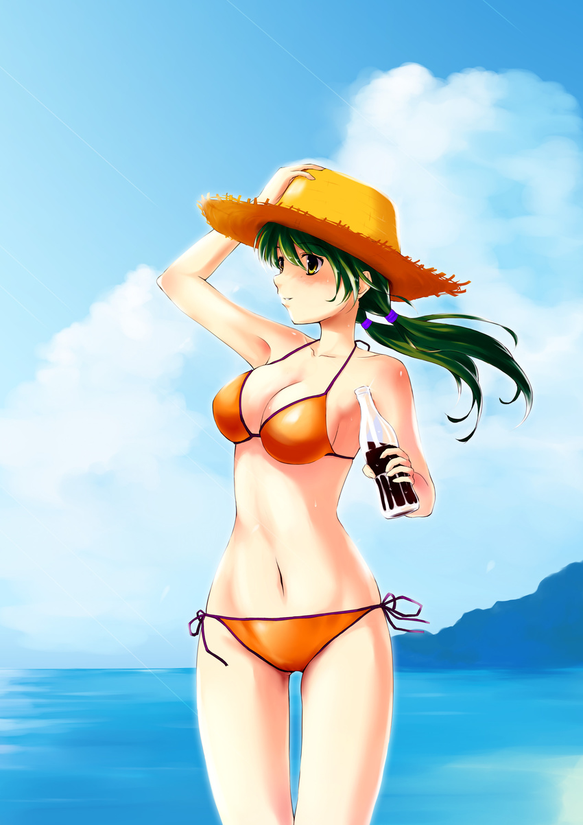 absurdres bad_id bad_pixiv_id bikini bottle breasts cleavage front-tie_top green_hair hand_on_headwear hat highres long_hair looking_afar medium_breasts mizuki_(mizuki_ame) navel ocean orange_bikini original side-tie_bikini solo straw_hat swimsuit twintails yellow_eyes