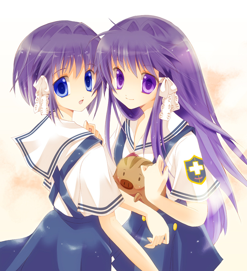 blue_eyes botan_(clannad) clannad fujibayashi_kyou fujibayashi_ryou hair_intakes highres hikarizaka_private_high_school_uniform long_hair mineko multiple_girls purple_eyes purple_hair school_uniform short_hair siblings sisters twins