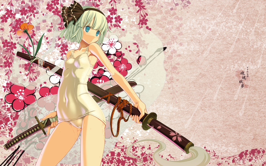 bare_shoulders blue_eyes breasts cameltoe flower hairband highres hiiragi_ryou hitodama katana konpaku_youmu konpaku_youmu_(ghost) one-piece_swimsuit sakuya_tsuitachi school_swimsuit short_hair silver_hair skin_tight small_breasts solo swimsuit sword touhou wallpaper weapon wet white_school_swimsuit white_swimsuit