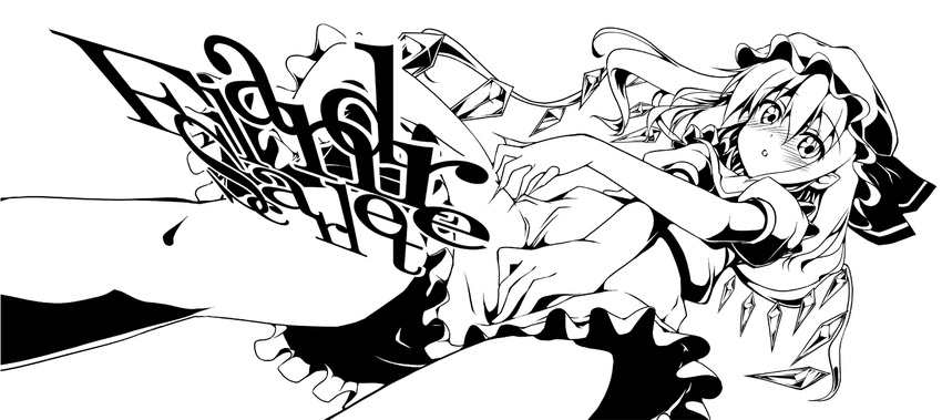 blush covering covering_crotch flandre_scarlet from_below greyscale hands hat highres monochrome piromizu pointy_ears skirt solo touhou wings x_arms