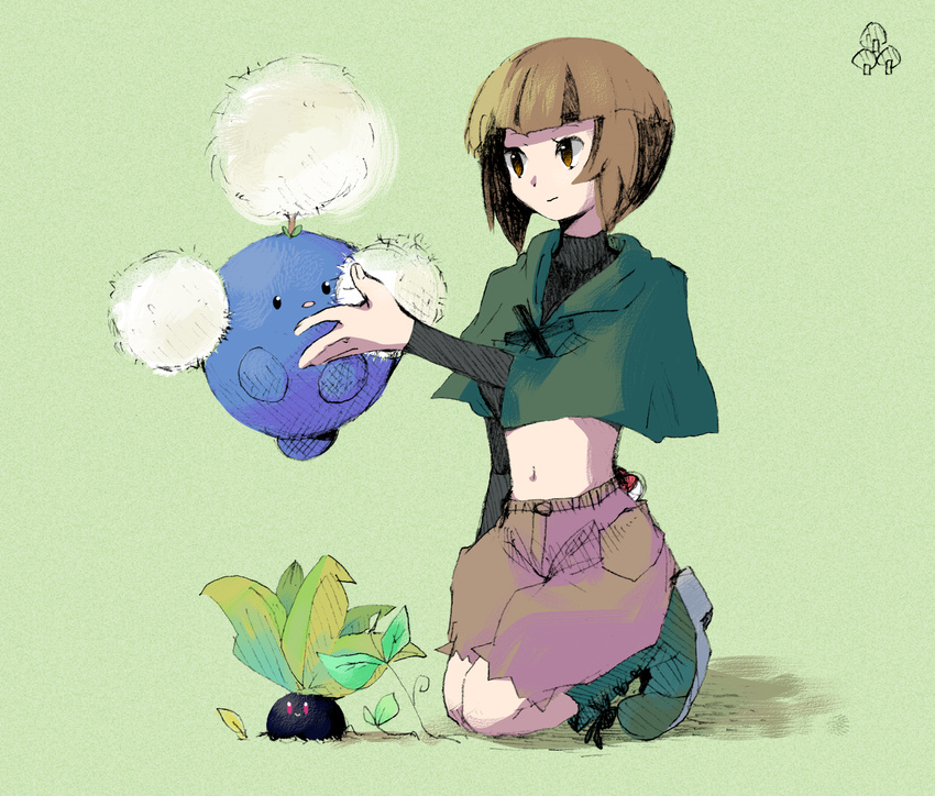 bad_id bad_pixiv_id boots brown_eyes brown_hair capelet gen_1_pokemon gen_2_pokemon green_capelet green_footwear gym_leader highres jumpluff midriff natane_(pokemon) navel oddish poke_ball pokemon pokemon_(creature) pokemon_(game) pokemon_dppt short_hair shorts