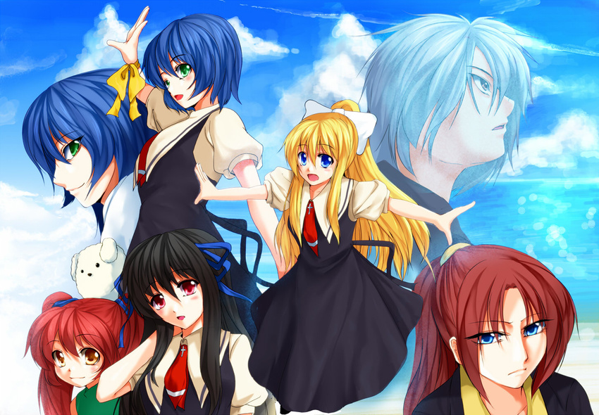 6+girls air bad_id bad_pixiv_id dog kamio_haruko kamio_misuzu kirishima_hijiri kirishima_kano kunisaki_yukito michiru_(air) multiple_girls outstretched_arms potato_(air) ryuushou school_uniform spread_arms toono_minagi