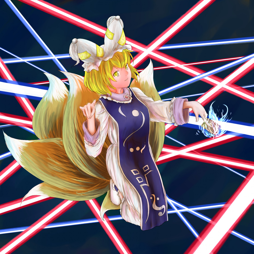 \m/ beam blonde_hair blue_fire card danmaku fingers fire fox_tail hand_gesture hat highres holding holding_card kabu_(yuyuibob) kneeling looking_at_viewer magic multiple_tails short_hair solo spell_card tail touhou yakumo_ran yellow_eyes