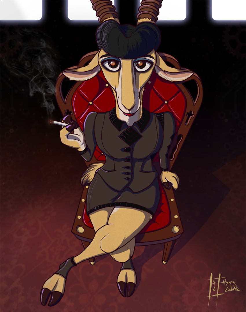 2018 3_fingers absurd_res amber_eyes antelope anthro black_hair blade_runner chair cigarette clothed clothing cosplay crossed_legs disney female footwear gazelle gazelle_(zootopia) green_eyes hair hi_res high-angle_view hooves horn hyenatig_(artist) jacket looking_at_viewer mammal miniskirt rachael_(blade_runner) short_hair sitting skirt smoke smoking solo zootopia