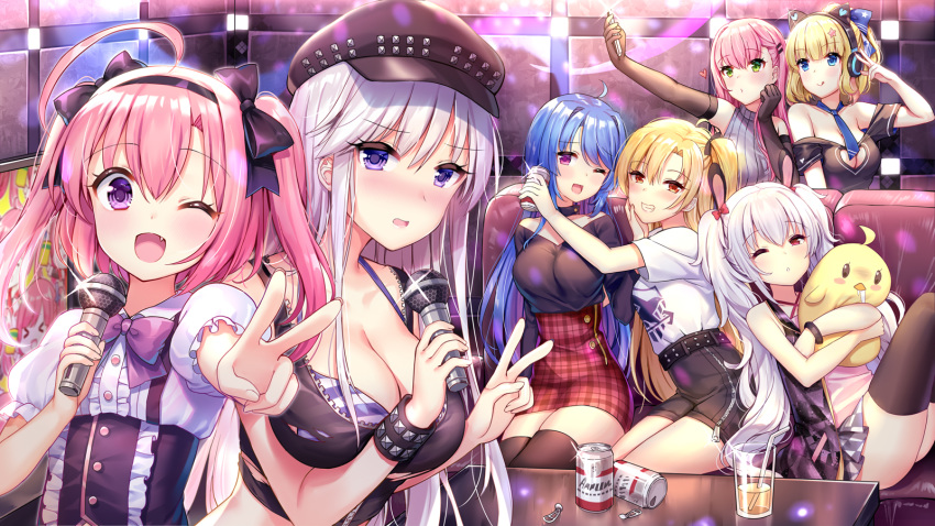 &gt;_&lt; 6+girls :o :q ;d ahoge alternate_costume armpits ass axent_wear azur_lane bare_arms bare_shoulders bird black_choker black_headwear black_legwear black_shirt blonde_hair blue_eyes blue_hair blue_neckwear blush bow bra bracelet breasts brown_gloves cabbie_hat can casual cat_ear_headphones chick choker cleavage cleavage_cutout cleveland_(azur_lane) closed_mouth collarbone couch crop_top cup doll_hug drinking_glass drinking_straw elbow_gloves embarrassed enterprise_(azur_lane) fang frilled_shirt frills glint gloves green_eyes grin hair_bow hair_ornament hairband hand_on_another's_cheek hand_on_another's_face hat headphones heart_cutout helena_(azur_lane) highres holding holding_microphone holding_phone jewelry knees_up laffey_(azur_lane) large_breasts long_hair looking_at_viewer manjuu_(azur_lane) memphis_(azur_lane) microphone multiple_girls necktie nose_blush off-shoulder_shirt off_shoulder on_couch one_eye_closed one_side_up open_mouth outstretched_arm phone pink_hair ponytail puffy_short_sleeves puffy_sleeves purple_eyes reclining red_bow red_eyes ribbed_sweater richmond_(azur_lane) san_diego_(azur_lane) saratoga_(azur_lane) self_shot shirt short_sleeves silver15 silver_hair sitting sleeveless smile striped striped_bra sweater table television thighhighs tongue tongue_out torn_clothes torn_shirt twintails underwear v white_hair