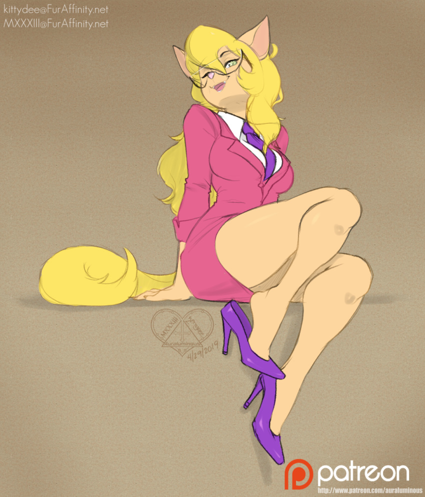 anthro callie_briggs clothed clothing eyewear felid feline female footwear glasses hanna-barbera hi_res high_heels kittydee looking_at_viewer makeup mammal shoes sitting smile solo swat_kats wide_hips