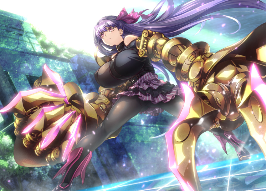 arikanrobo belt_collar breasts claws collar fate/extra fate/extra_ccc fate/grand_order fate_(series) gigantic_breasts hair_ribbon huge_breasts long_hair o-ring pantyhose passion_lip pink_eyes pink_ribbon purple_hair purple_ribbon ribbon very_long_hair