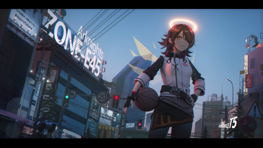 1girl antennae arknights bangs basketball black_gloves black_legwear blue_sky breasts brown_eyes brown_hair building city closed_mouth dutch_angle exusiai_(arknights) facing_viewer fingerless_gloves gloves hair_over_one_eye halo highres ibara_dance jacket lamppost letterboxed outdoors pantyhose road_sign short_hair sign skirt sky small_breasts solo standing sunset swept_bangs traffic_light tree wings