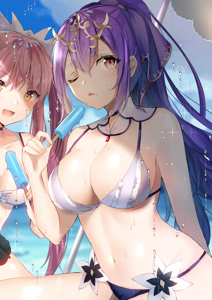 2girls :d ;q absurdres bangs bare_shoulders beach beach_umbrella bikini blue_sky breasts cleavage fate/grand_order fate_(series) fou_(ssqseeker) hair_between_eyes headpiece highres large_breasts long_hair looking_at_viewer medb_(fate)_(all) medb_(fate/grand_order) medb_(swimsuit_saber)_(fate) multiple_girls ocean one_eye_closed open_mouth outdoors pink_hair purple_hair red_eyes scathach_(fate)_(all) scathach_skadi_(fate/grand_order) sky smile swimsuit tiara tongue tongue_out umbrella water_drop white_bikini yellow_eyes