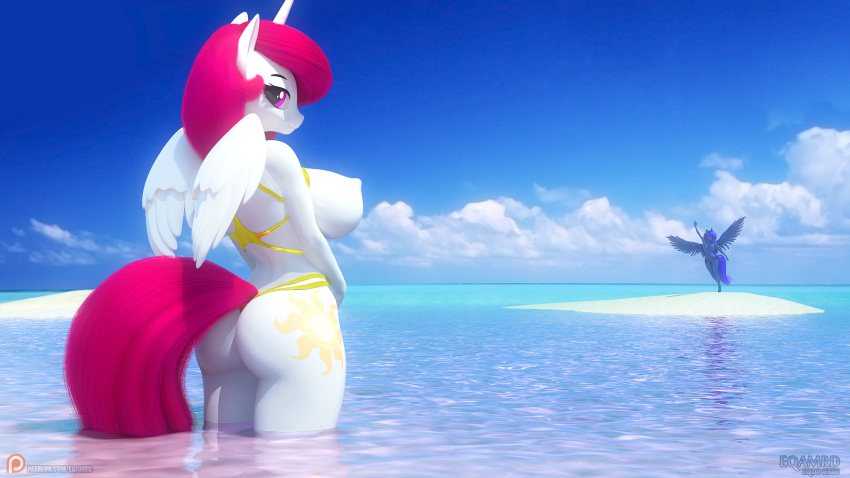 16:9 2019 3d_(artwork) anthro anthrofied beach big_breasts big_butt blue_hair blue_tail bottomwear breasts butt clothed clothing cloud cutie_mark detailed_background digital_media_(artwork) duo eqamrd equid fan_character female friendship_is_magic gesture green_eyes hair hi_res horn island looking_at_viewer looking_back mammal my_little_pony nipples outside panties partial_nudity pink_eyes pink_hair pink_tail princess_celestia_(mlp) princess_luna_(mlp) princess_molestia reflection rubber sand sea seaside shorts sibling side_boob sister sisters sky smile spread_wings standing summer swimwear text topless underwear url water waving winged_unicorn wings