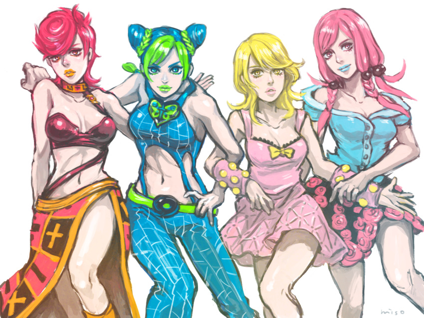 4girls arm_around_shoulder bangle blonde_hair blue_eyes blue_hair blue_lipstick blue_pants blue_shirt bow bracelet braid breasts breasts_apart brooch choker cleavage double_bun flower_skirt green_hair green_lipstick hair_bobbles hair_ornament halter_top halterneck highres hirose_yasuho jewelry jojo_no_kimyou_na_bouken kuujou_jolyne lipstick locked_arms long_pants lucy_steel makeup medium_breasts midriff miso-234 multicolored_hair multiple_girls navel off_shoulder orange_lipstick pants pink_hair pink_shirt pink_skirt ponytail shirt short_hair simple_background skirt trish_una two-tone_hair white_background yellow_bow yellow_eyes