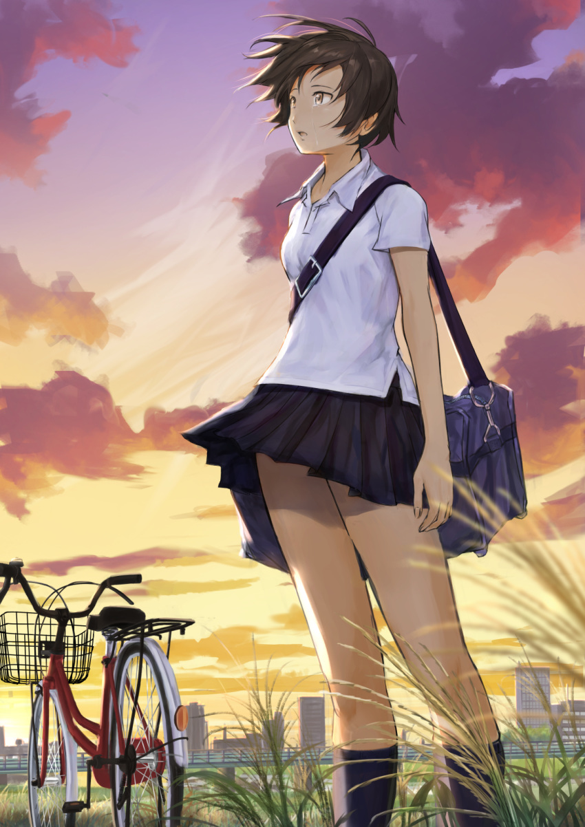 1girl bag bicycle bicycle_basket black_legwear brown_hair cloud crying duffel_bag gradient_sky grass ground_vehicle highres kneehighs konno_makoto looking_to_the_side open_mouth school_uniform shirt short_hair short_sleeves sky solo standing toki_wo_kakeru_shoujo twilight uniform white_shirt wind