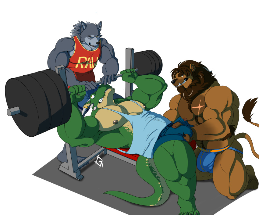 barazoku canid canine canis dragon dumbbell felid gorrym gym hi_res lifting lion major_havoc male male/male mammal pantherine surprise sweat the_saurian weights wolf zabi