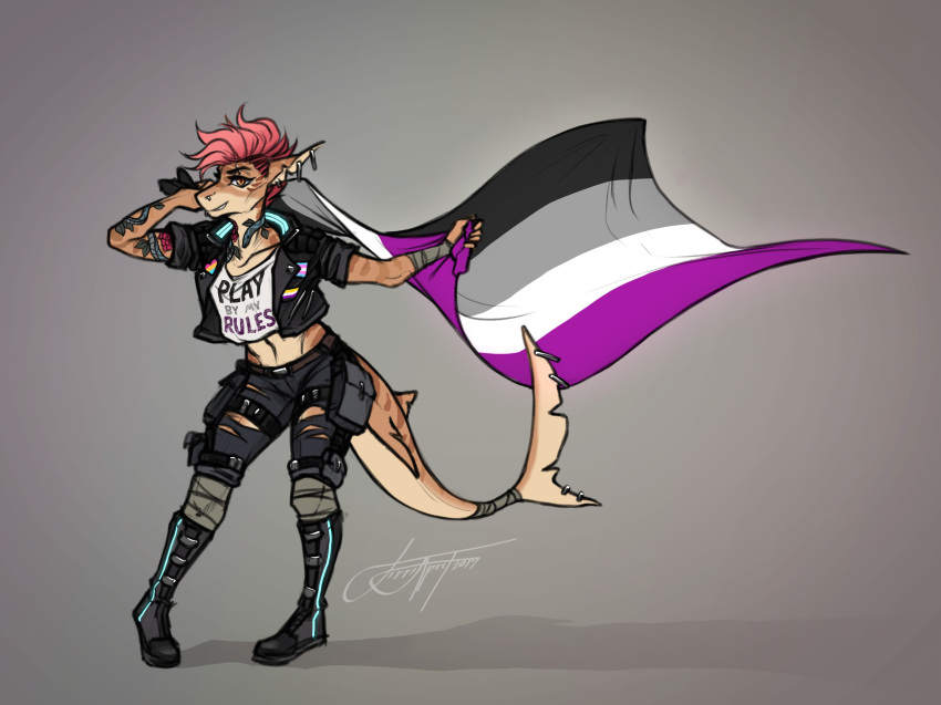 2019 absurd_res anthro asexual_pride_flag brown_eyes ear_piercing ear_ring female fin firriapril fish flag hi_res marine piercing pride_colors shark simple_background smile solo standing wolfirry