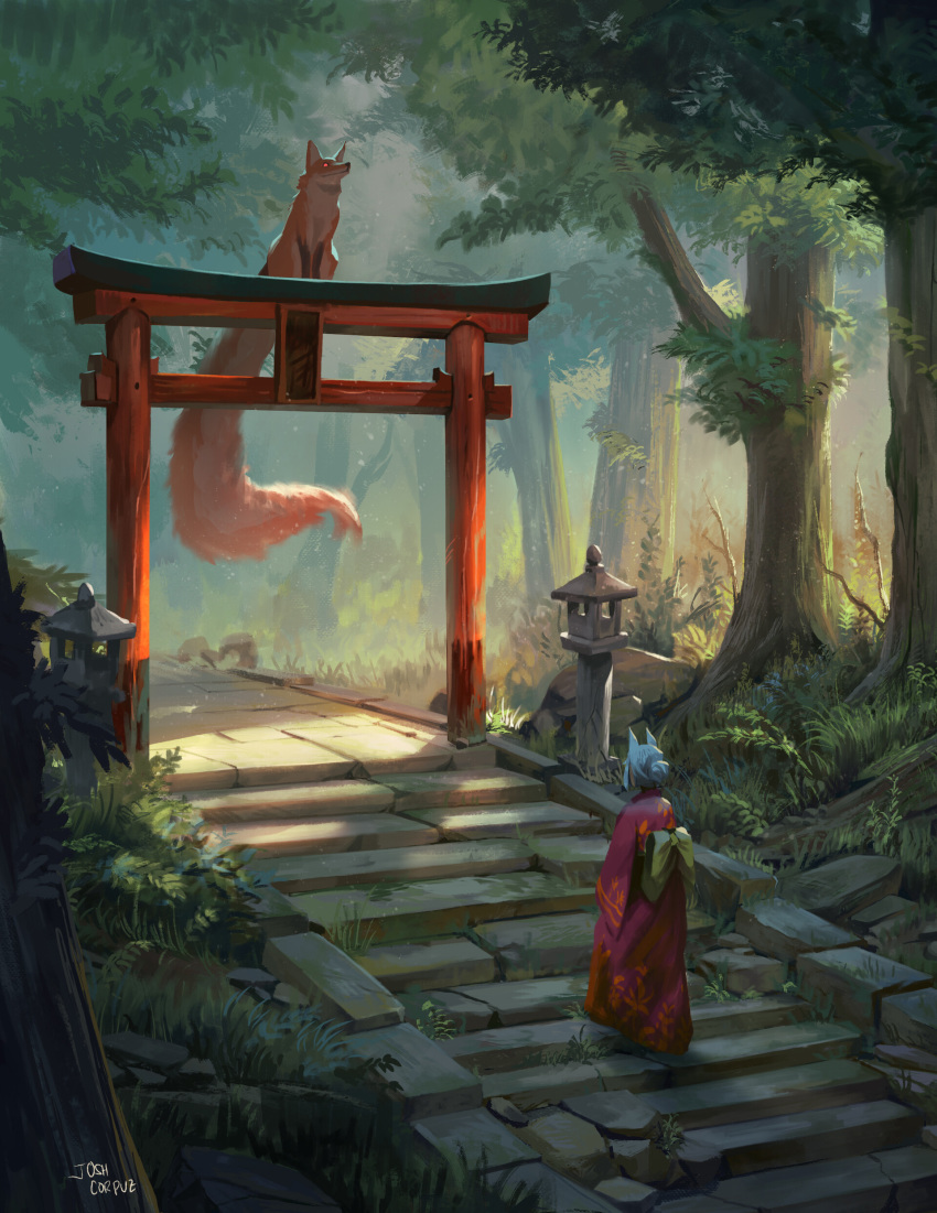 1girl absurdres animal_ears bow day facing_away forest fox fox_ears highres japanese_clothes josh_corpuz kimono nature obi original outdoors sash short_hair signature solo stairs torii tree walking white_hair yellow_bow