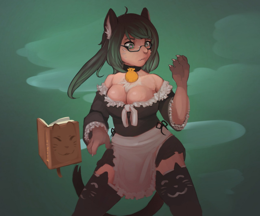 2018 animal_humanoid bell_collar big_breasts book breasts clothing collar corablue cute_fangs eyewear felid felid_humanoid feline feline_humanoid female glasses green_background green_eyes hair humanoid magic maid_uniform mammal mammal_humanoid open_mouth simple_background solo surprise tharkis transformation uniform