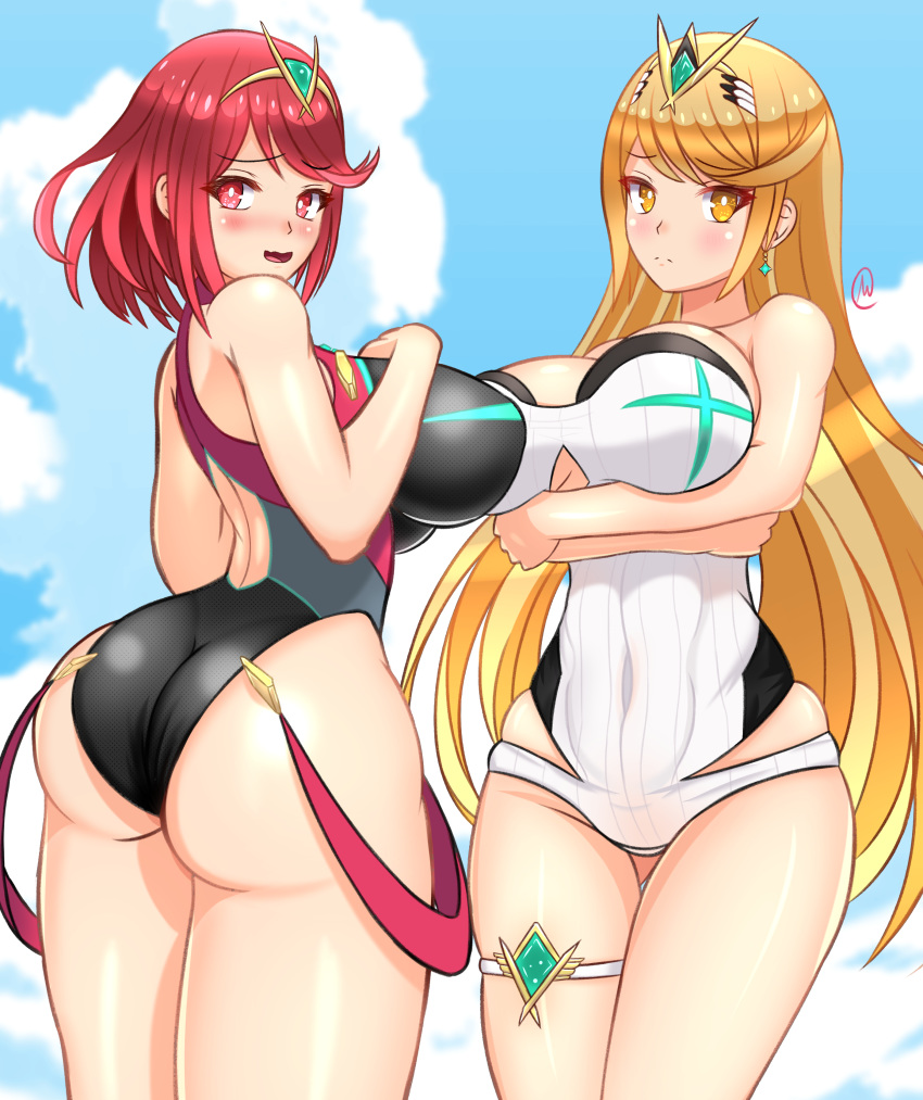 2girls absurdres ahoge ass bangs bare_shoulders blonde_hair blush breasts circlet cloud competition_swimsuit crossed_arms curvy earrings embarrassed expirednepbull from_behind gem hair_ornament headpiece highres hikari_(xenoblade_2) homura_(xenoblade_2) huge_ass indoors jewelry large_breasts long_hair looking_at_viewer multiple_girls one-piece_swimsuit open_mouth orange_eyes pose red_eyes red_hair shiny shiny_hair shiny_skin short_hair sideboob sky smile swept_bangs swimsuit thick_thighs thigh_strap thighs tiara very_long_hair wide_hips xenoblade xenoblade_(series) xenoblade_2 yellow_eyes