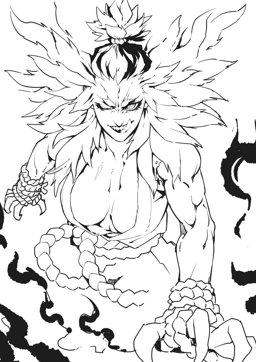 1girl absurdres belt breasts claws deathwingxiii demon_girl genderswap gouki greyscale highres large_breasts licking_lips medium_hair monochrome muscle muscular_female one_eye_closed road rope_belt sharp_teeth shiny shiny_skin smile smoke solo street street_fighter teeth tied_hair tongue tongue_out upper_body upper_teeth