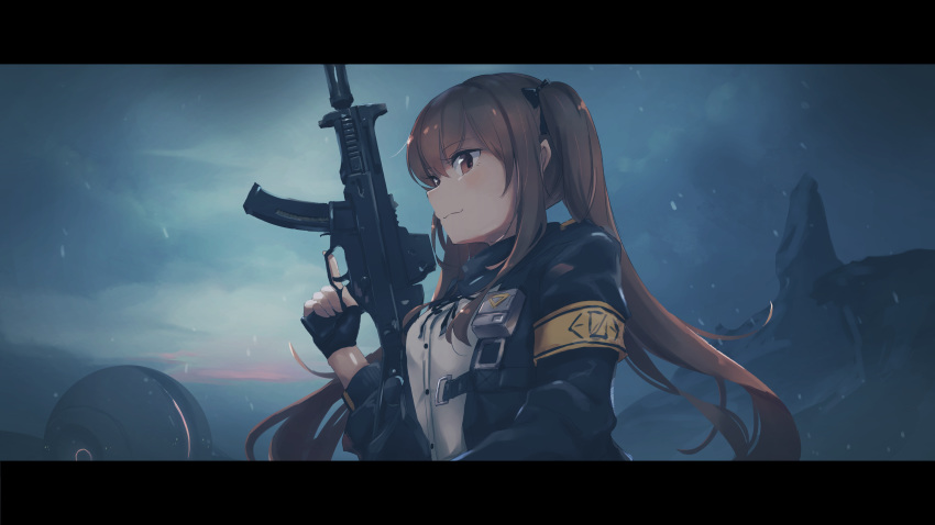 1girl :3 absurdres armband bangs black_bow black_gloves black_jacket black_ribbon black_skirt blush bow breasts brown_eyes brown_hair buckle closed_mouth cloud cloudy_sky eyebrows_visible_through_hair fingerless_gloves girls_frontline gloves gun h&amp;k_ump hair_bow hair_ornament hairclip highres holding holding_weapon jacket long_hair neck_ribbon nitro_(mugityaoisii) open_clothes open_jacket outdoors ribbon scarf shirt skirt sky smile solo submachine_gun twintails ump9_(girls_frontline) upper_body weapon white_shirt