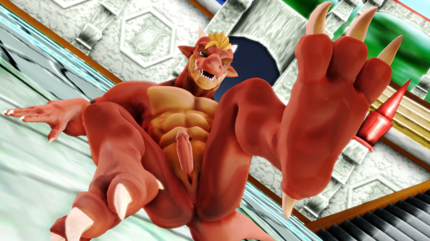 16:9 2019 3d_(artwork) abs anthro blonde_hair claws delga digital_media_(artwork) dragon erection foot_focus hair looking_at_viewer male malicekira muscular muscular_male nude open_mouth penis scalie smile soles solo teeth toe_claws toes
