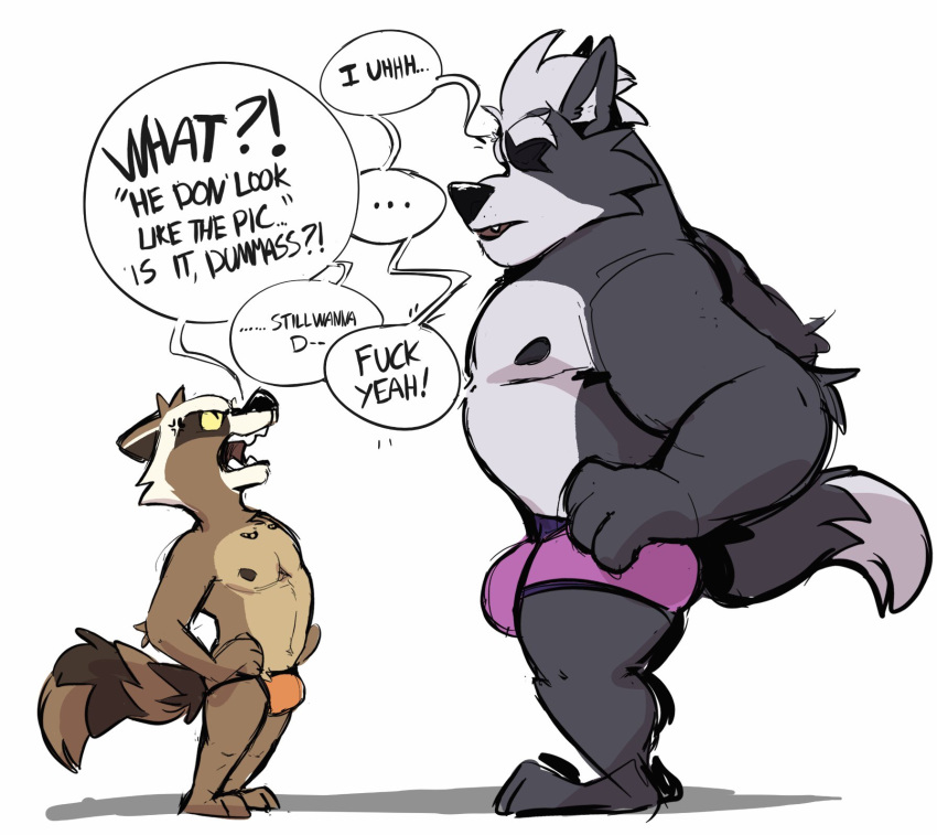 2019 angry anthro belly bulge canid canine canis clothing cute_fangs duo english_text guardians_of_the_galaxy haps hi_res humanoid_hands jockstraps male mammal marvel moobs nintendo nipples procyonid raccoon rocket_raccoon simple_background star_fox text underwear video_games white_background wolf wolf_o'donnell