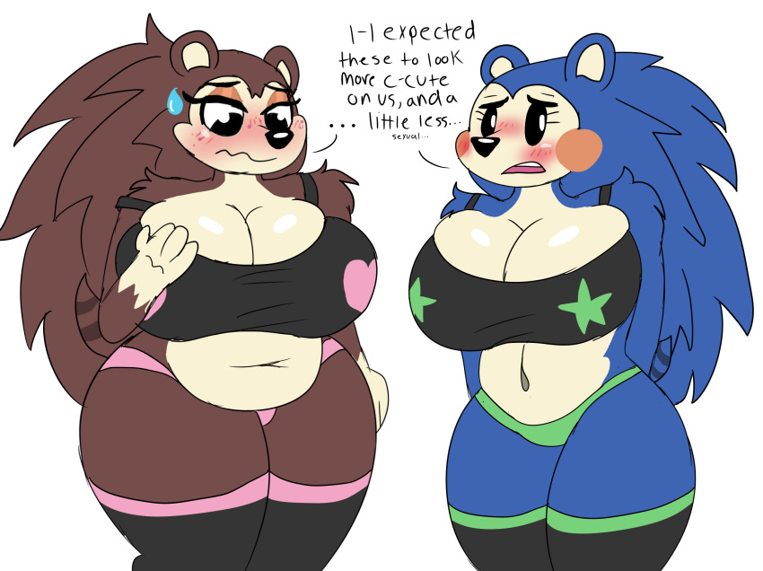 2019 animal_crossing anthro big_breasts blush breasts cleavage clothed clothing darkwolfhybrid dialogue digital_media_(artwork) embarrassed eulipotyphlan fluffy flustered hedgehog hi_res legwear looking_down mabel_able mammal navel nintendo open_mouth overweight panties sable_able sibling sister sisters slightly_chubby sweat sweatdrop thick_thighs thigh_highs underwear video_games wide_hips