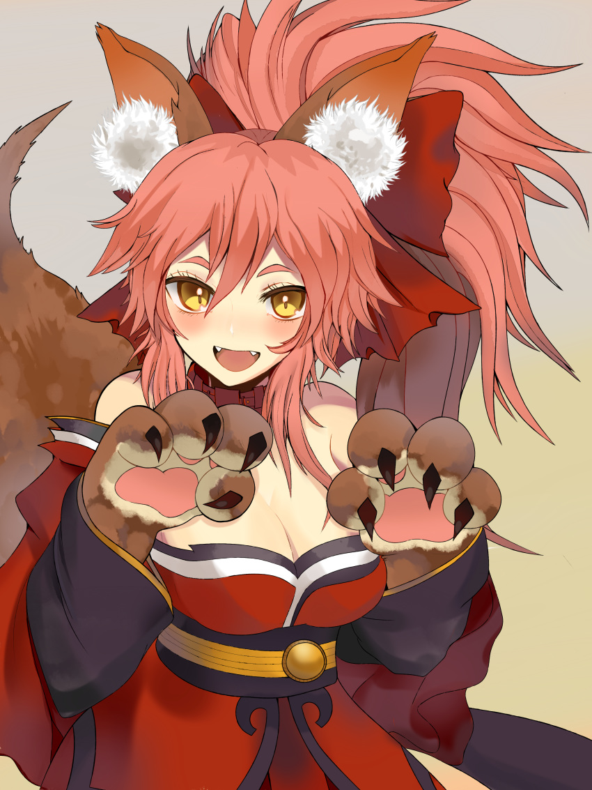 1girl absurdres animal_ear_fluff animal_ears bell bell_collar breasts cat_paws cleavage collar commentary eveisntthatbad fangs fate/grand_order fate_(series) fox_ears fox_girl fox_tail gloves hair_ribbon highres jingle_bell large_breasts long_hair looking_at_viewer open_mouth paw_gloves paws pink_hair ponytail red_ribbon ribbon solo tail tamamo_(fate)_(all) tamamo_cat_(fate) yellow_eyes