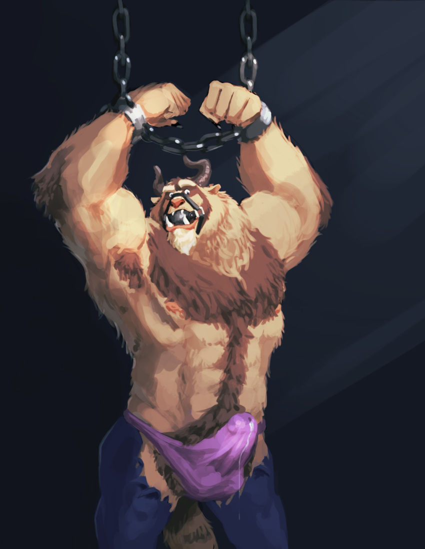 2019 anthro armpit_hair ball_gag beast_(disney) biceps body_hair bound chain chest_hair clothed clothing facial_hair gag goatee harness_gag hi_res horn male mammal monster muscular muscular_male nipples pants pecs precum precum_through_clothing pubes qwerty-0 restrained solo submissive_male tenting topless torn_clothing wet wet_clothing