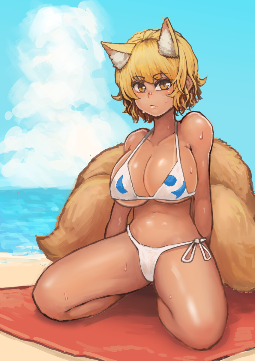 4_tails absurd_res animal_humanoid beach big_breasts bikini blonde_hair breasts brown_skin canid canid_humanoid canine canine_humanoid chanta clothed clothing female fox_humanoid hair hi_res humanoid inner_ear_fluff mammal mammal_humanoid multi_tail navel ran_yakumo sea seaside short_hair slit_pupils solo sweat swimwear tanned touhou towel video_games water yellow_eyes