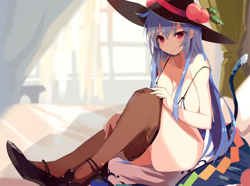1girl ass bangs bare_arms bare_shoulders bed black_footwear black_headwear blue_hair blue_skirt blush bra breasts brown_legwear clothes_removed commentary_request curtains eyebrows_visible_through_hair food fruit highres hinanawi_tenshi indoors kemonomimi_mode knees_up large_breasts leaf long_hair pantyhose pantyhose_pull peach red_eyes removed shoes sidelocks skirt solo strap_slip tetsurou_(fe+) thick_thighs thighs touhou underwear very_long_hair white_bra window
