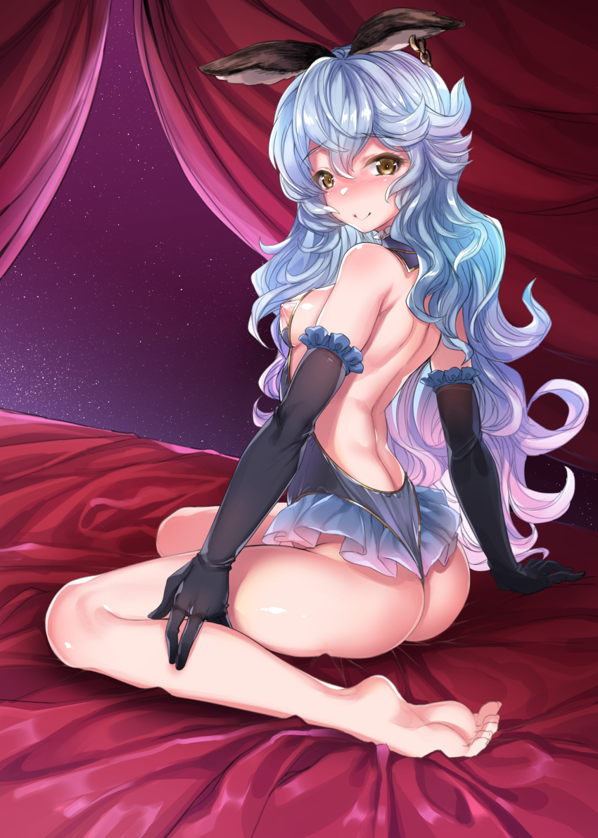 1girl absurdres animal_ears ass backless_leotard backless_outfit bangs bare_back bare_shoulders barefoot black_gloves blue_hair blue_skirt blush breasts earrings elbow_gloves erune eyebrows_visible_through_hair ferry_(granblue_fantasy) frilled_gloves frills from_behind full-face_blush gloves granblue_fantasy harigane_shinshi highres hoop_earrings jewelry leotard long_hair looking_at_viewer looking_back nipples see-through single_earring sitting skirt small_breasts smile solo wariza wavy_hair yellow_eyes