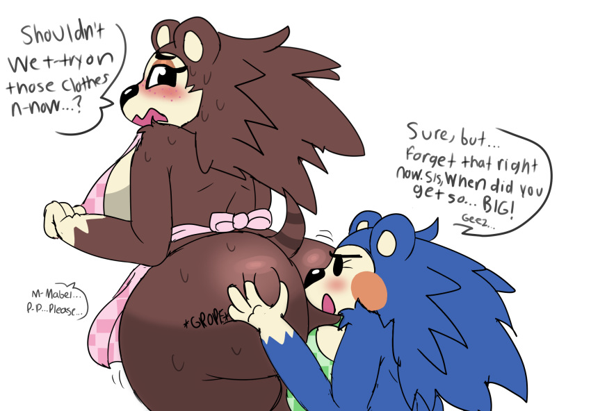 2019 animal_crossing anthro apron big_breasts big_butt blush breast_squish breasts butt butt_grab clothing darkwolfhybrid dialogue digital_media_(artwork) embarrassed eulipotyphlan female female/female flustered freckles grope hand_on_butt hedgehog hi_res looking_back mabel_able mammal nintendo overweight sable_able sibling sister sisters squish sweat video_games wide_hips