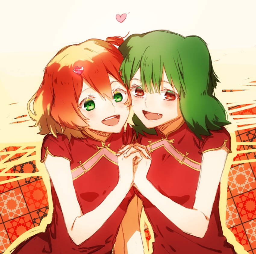 2girls :d blonde_hair china_dress chinese_clothes dress fang freyja_wion green_eyes green_hair hair_between_eyes heart holding_hands interlocked_fingers macross macross_delta macross_frontier medium_hair multicolored_hair multiple_girls one_side_up open_mouth orange_hair pote-mm ranka_lee red_dress red_eyes short_sleeves sketch smile two-tone_hair white_background