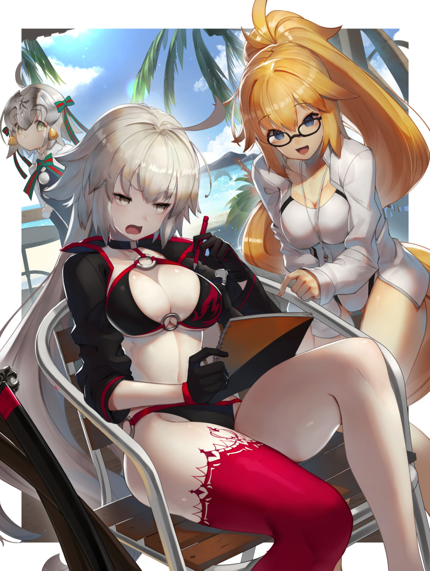 3girls ahoge bangs bell bikini black-framed_eyewear black_bikini black_choker black_gloves black_jacket blonde_hair blue_eyes blue_sky blush bow breasts brown_eyes capelet chair choker cleavage cloud collarbone commentary_request competition_swimsuit cropped_jacket day dolphin elbow_gloves eyebrows_visible_through_hair fate/grand_order fate_(series) fur-trimmed_capelet fur_trim glasses gloves green_bow green_ribbon grey_hair hair_between_eyes hair_bow headpiece high_ponytail highleg highleg_swimsuit highres holding holding_pencil horizon jacket jeanne_d'arc_(alter_swimsuit_berserker) jeanne_d'arc_(fate)_(all) jeanne_d'arc_(swimsuit_archer) jeanne_d'arc_alter_santa_lily knee_up large_breasts leaning_forward long_hair long_sleeves multiple_girls navel o-ring o-ring_bikini o-ring_bottom o-ring_top ocean on_chair one-piece_swimsuit open_clothes open_jacket open_mouth outdoors palm_tree paper pencil pointing ponytail red_legwear ribbon shrug_(clothing) silver_hair single_thighhigh sitting sky sleeves_past_wrists striped striped_bow striped_ribbon sukocchi swimsuit table thigh_strap thighhighs tree v-shaped_eyebrows very_long_hair water whistle whistle_around_neck white_capelet white_jacket white_swimsuit wide_sleeves yellow_eyes
