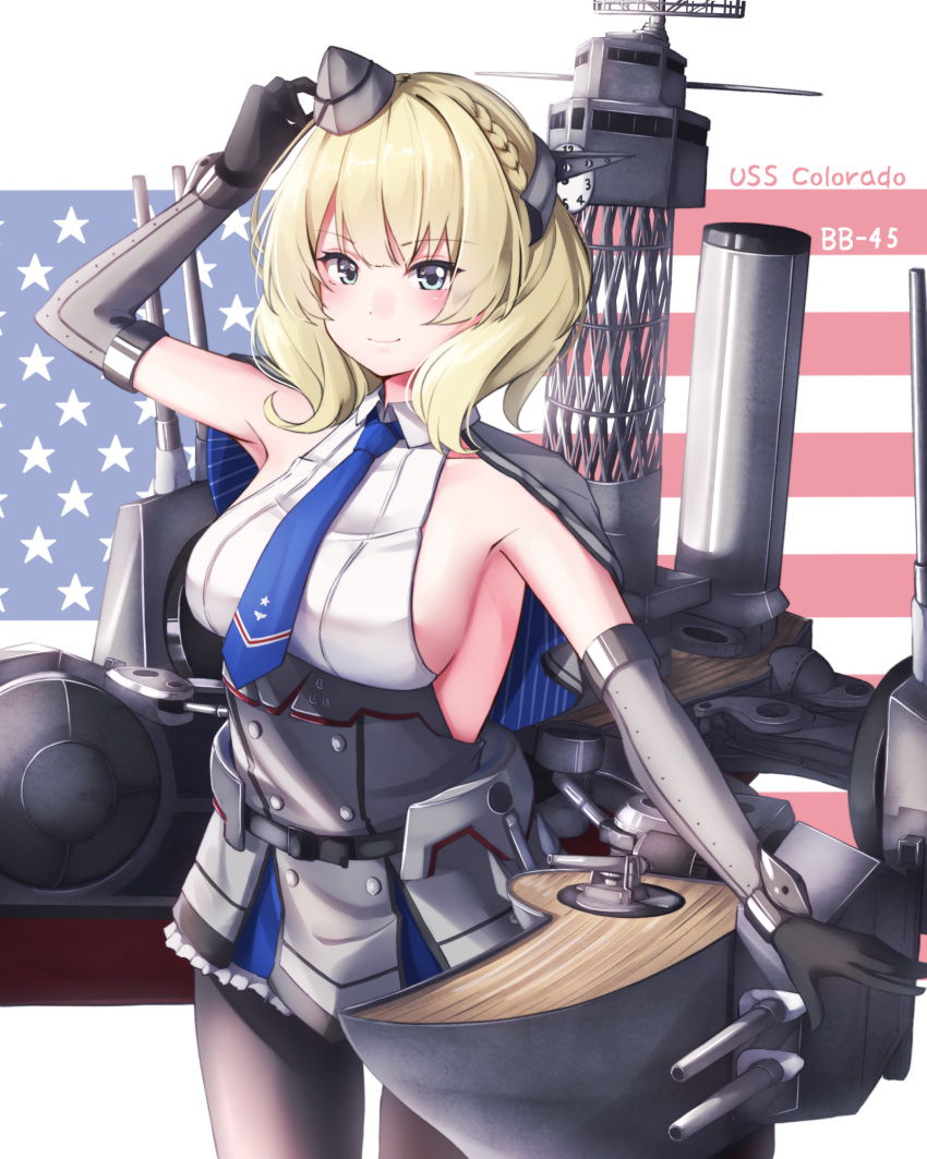 1girl american_flag_background black_gloves black_legwear blonde_hair blue_eyes blue_neckwear breasts cannon capelet colorado_(kantai_collection) cowboy_shot elbow_gloves garrison_cap gloves grey_headwear hat headgear highres kantai_collection lattice_mast medium_breasts necktie nyan_(reinyan_007) pantyhose rigging shirt short_hair sideboob solo turret white_shirt