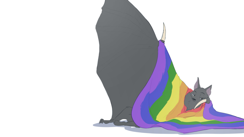 16:9 2019 ambiguous_gender anthro arm_support barefoot bat_wings brown_eyes chiropteran clothed clothing deke_(ittybittykittytittys) half-closed_eyes hi_res ittybittykittytittys leaning_on_elbow looking_at_viewer mammal membrane_(anatomy) membranous_wings multicolored_clothing multicolored_topwear poncho pteropodid rainbow_clothing rainbow_topwear simple_background solo spread_wings topwear white_background wings